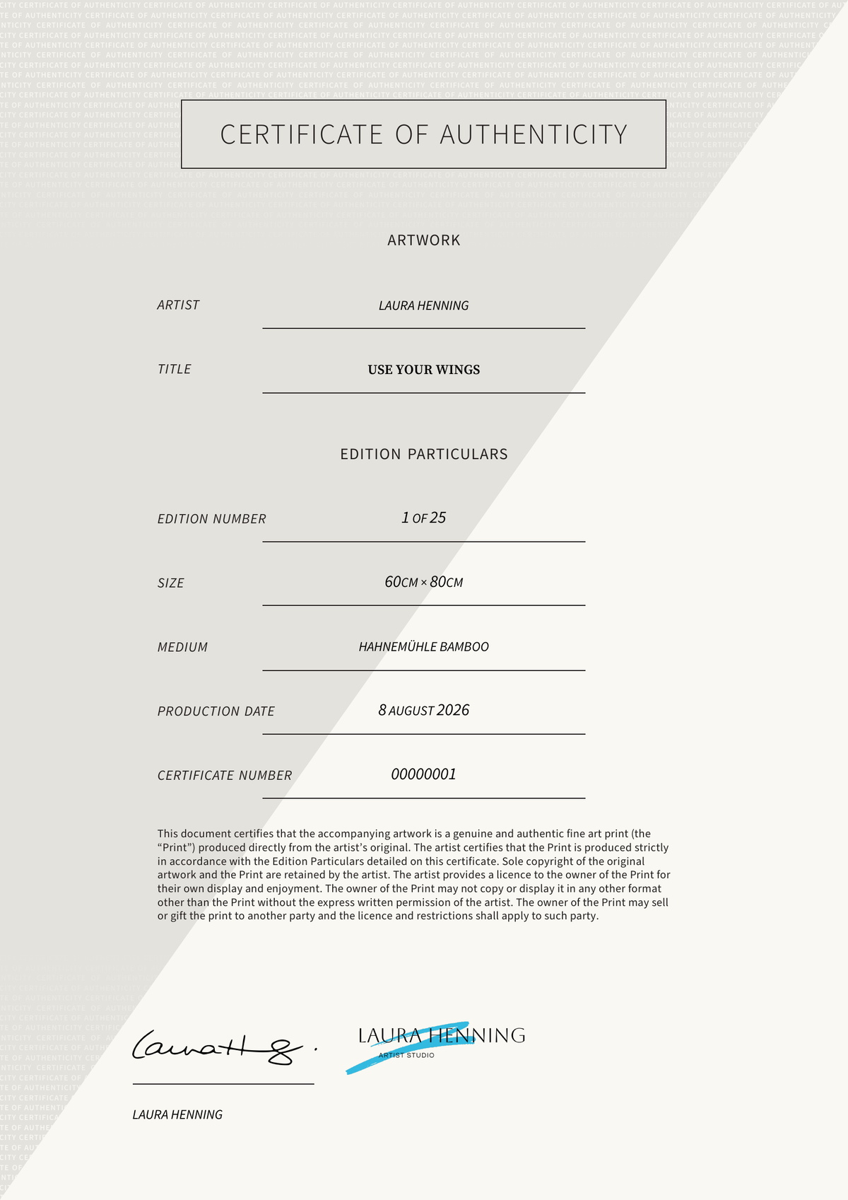 USE YOUR WINGS — Certificate of Authenticity